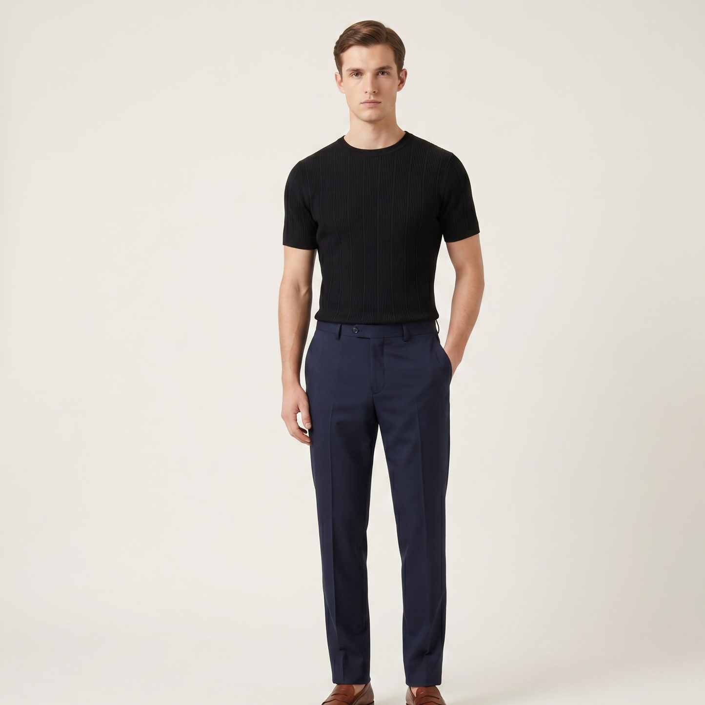 Ribbed Knit T-Shirt Men Casual