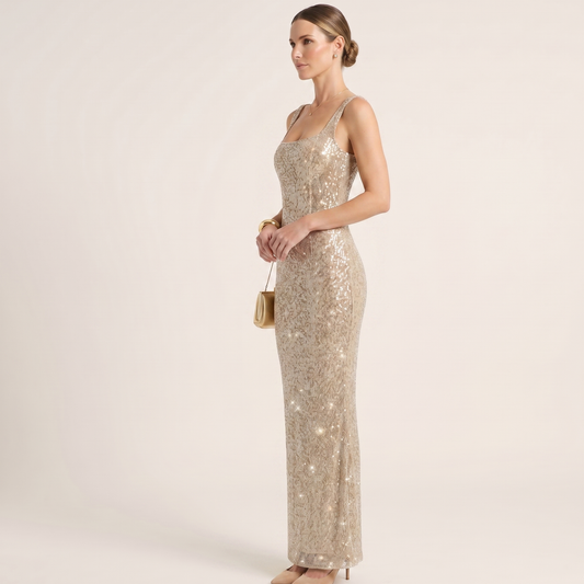 Square Neck Sequin Maxi Dress Women Evening