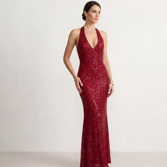Halter Neck Sequin Maxi Dress Evening