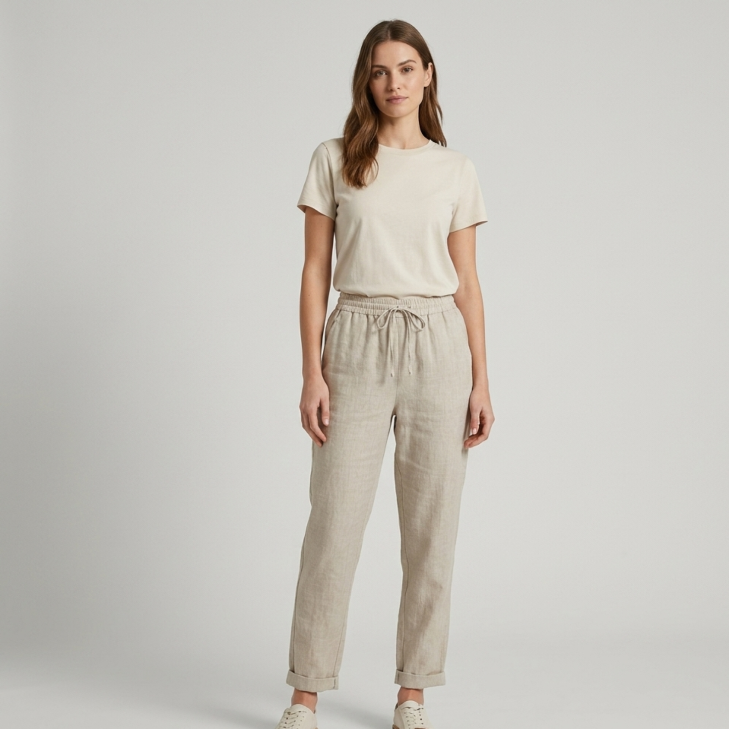Drawstring Waist Linen Trousers Women Summer