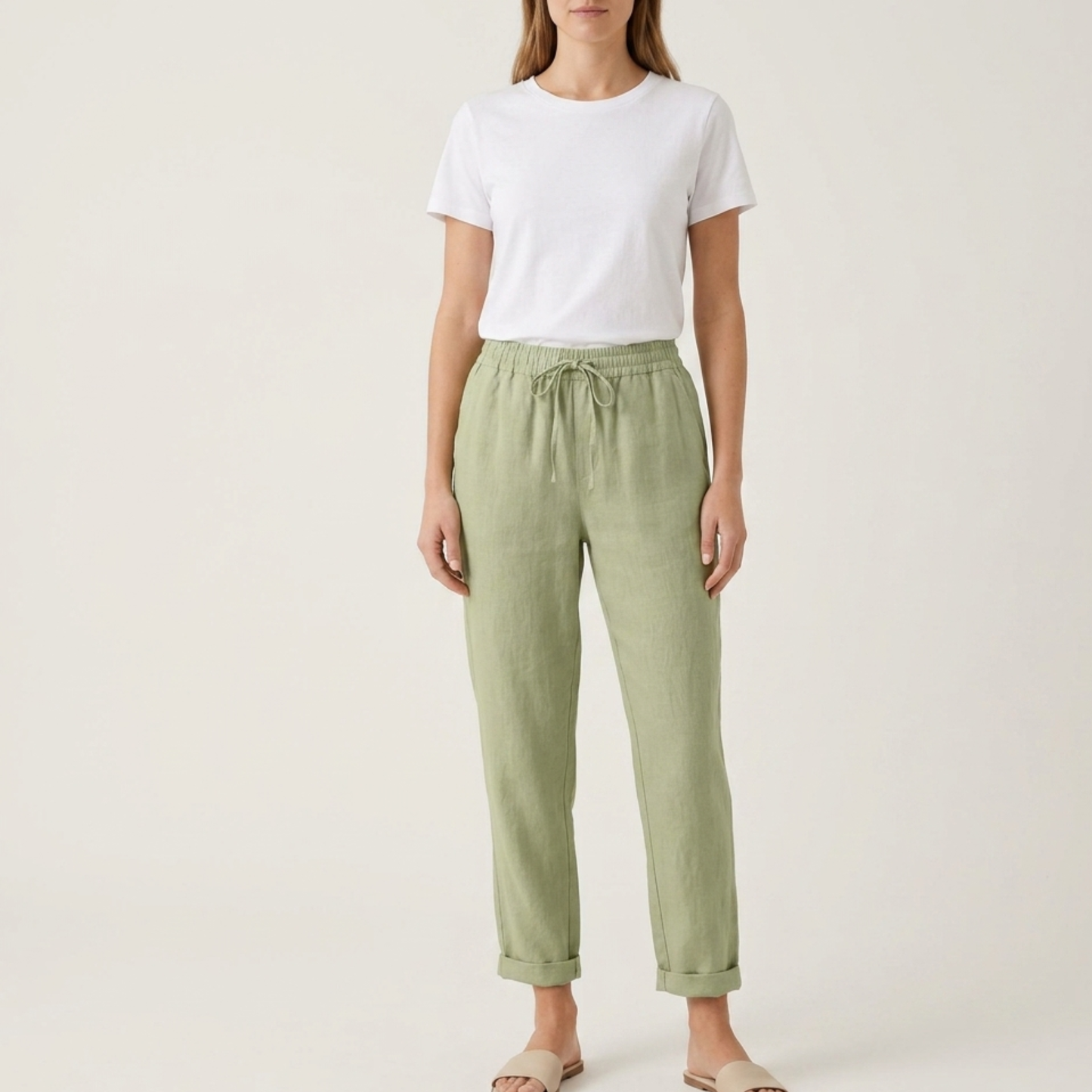 Drawstring Waist Linen Trousers Women Summer