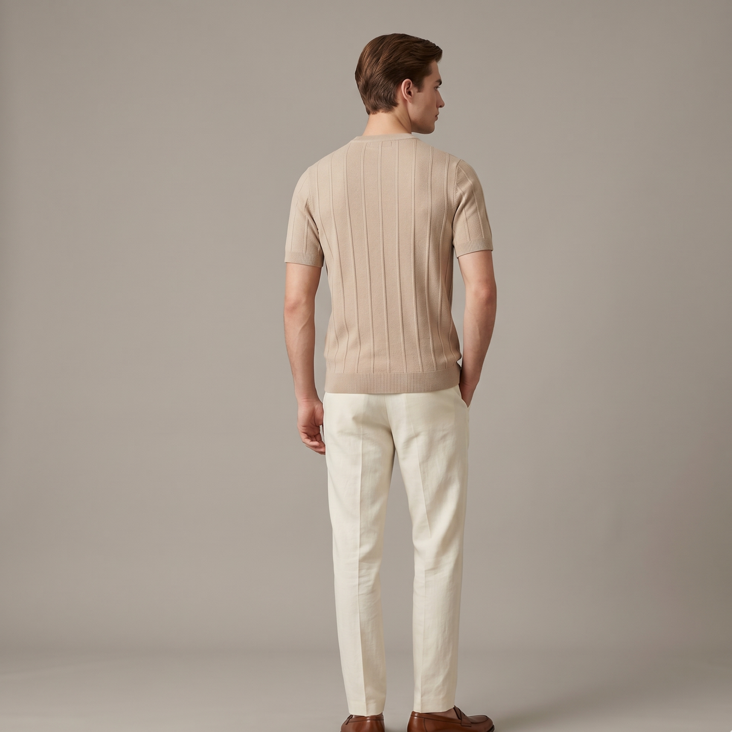 Ribbed Knit T-Shirt Men Casual