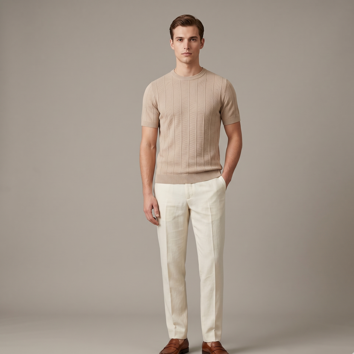 Ribbed Knit T-Shirt Men Casual
