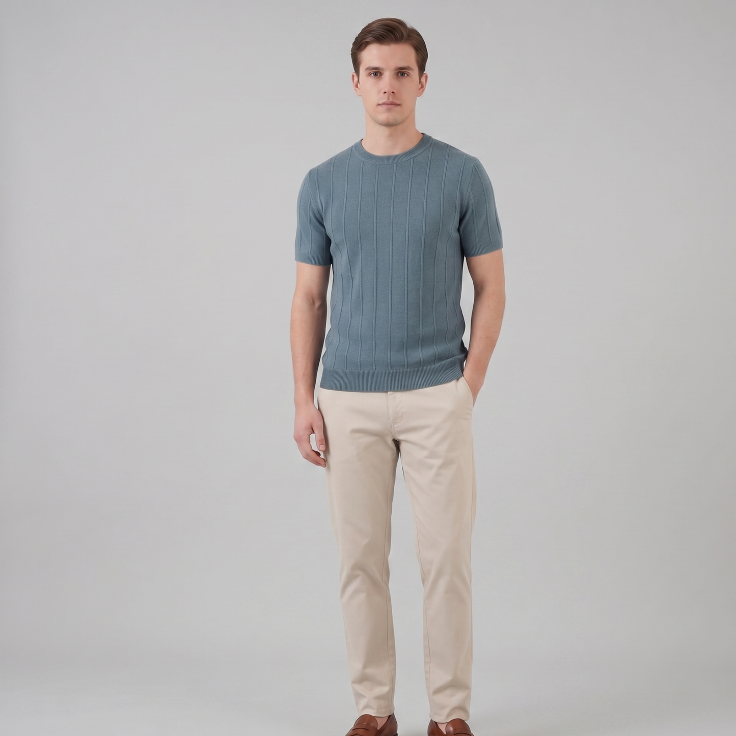 Ribbed Knit T-Shirt Men Casual
