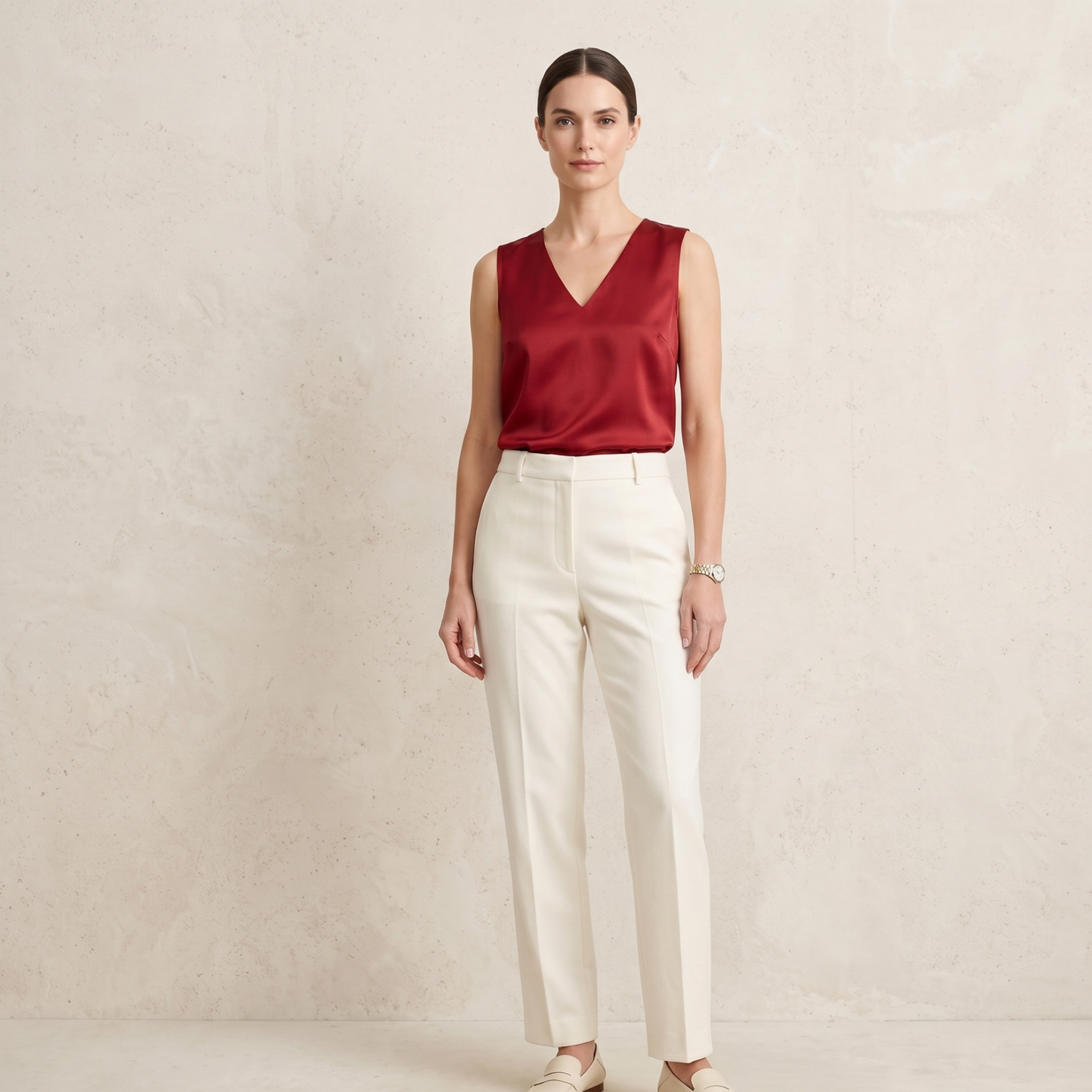 Sleeveless V Neck Satin Blouse Women Elegant