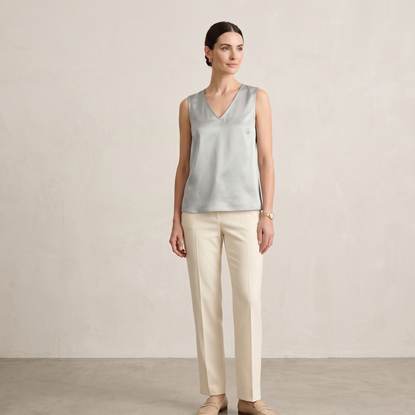 Sleeveless V Neck Satin Blouse Women Elegant