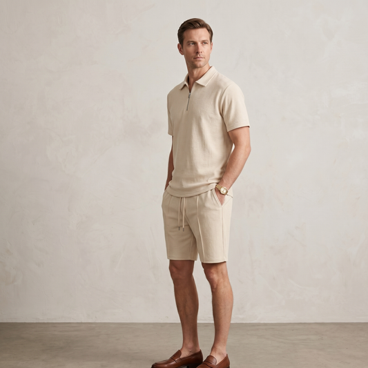 Textured Zip Polo Shorts Set Men Summer