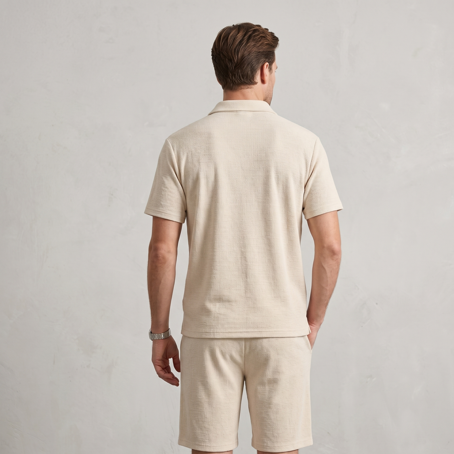 Textured Zip Polo Shorts Set Men Summer