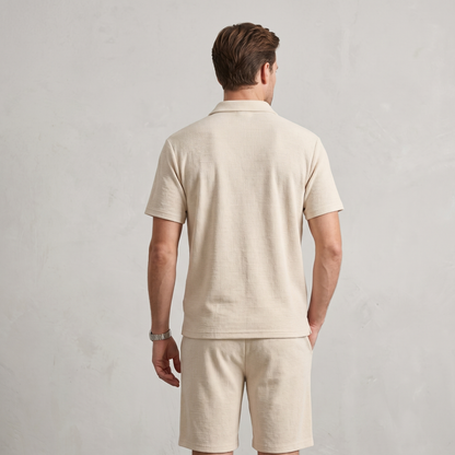 Textured Zip Polo Shorts Set Men Summer