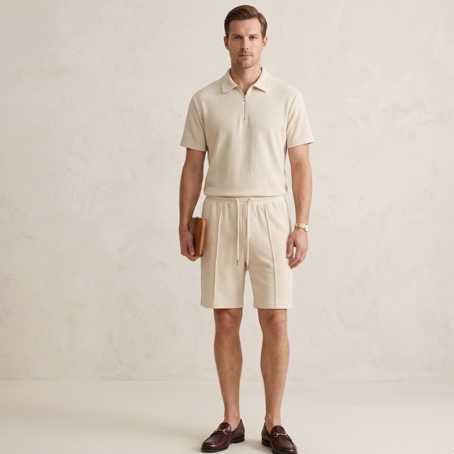 Textured Zip Polo Shorts Set Men Summer