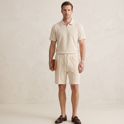 Textured Zip Polo Shorts Set Men Summer