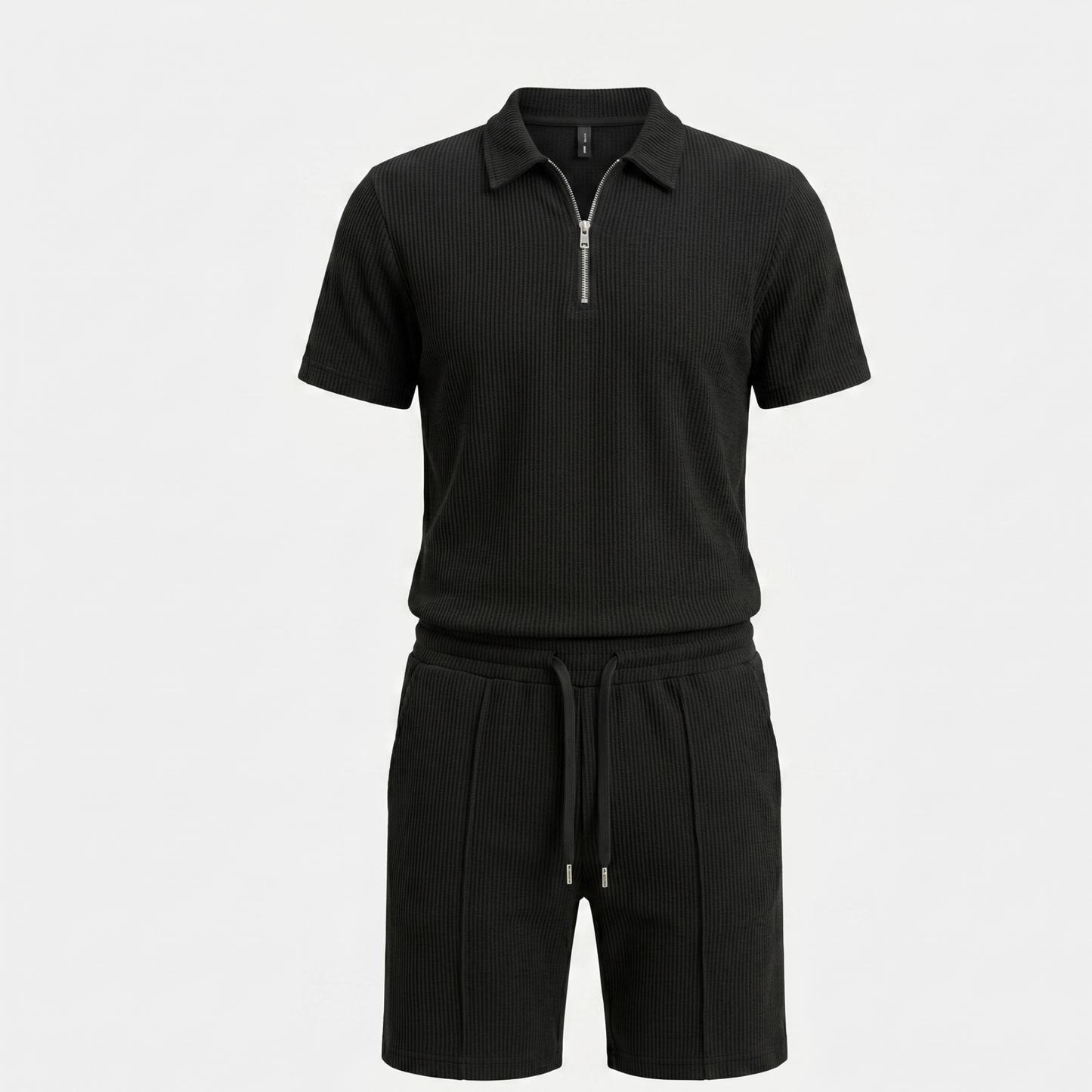 Textured Zip Polo Shorts Set Men Summer