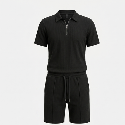 Textured Zip Polo Shorts Set Men Summer