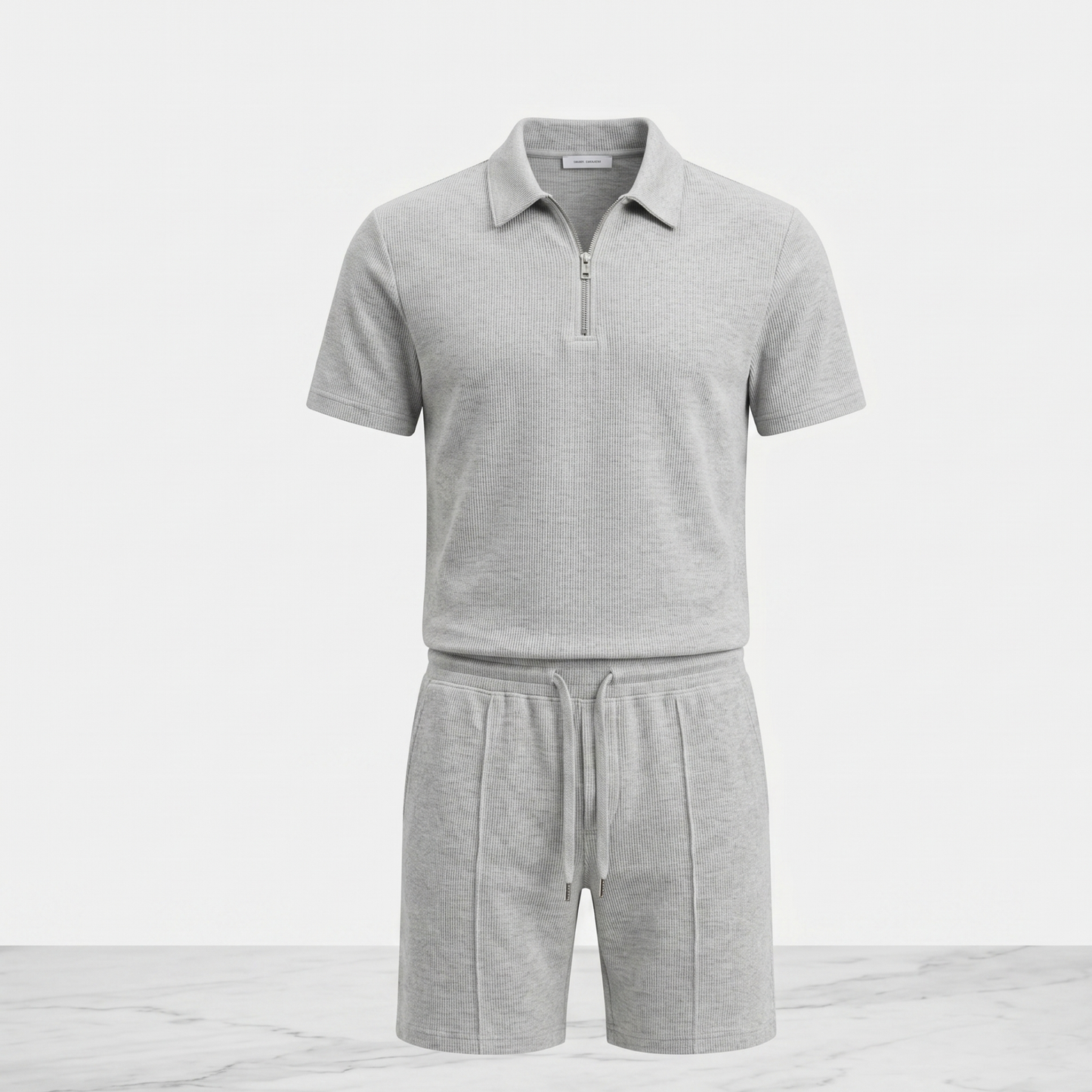 Textured Zip Polo Shorts Set Men Summer