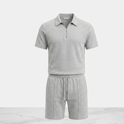 Textured Zip Polo Shorts Set Men Summer