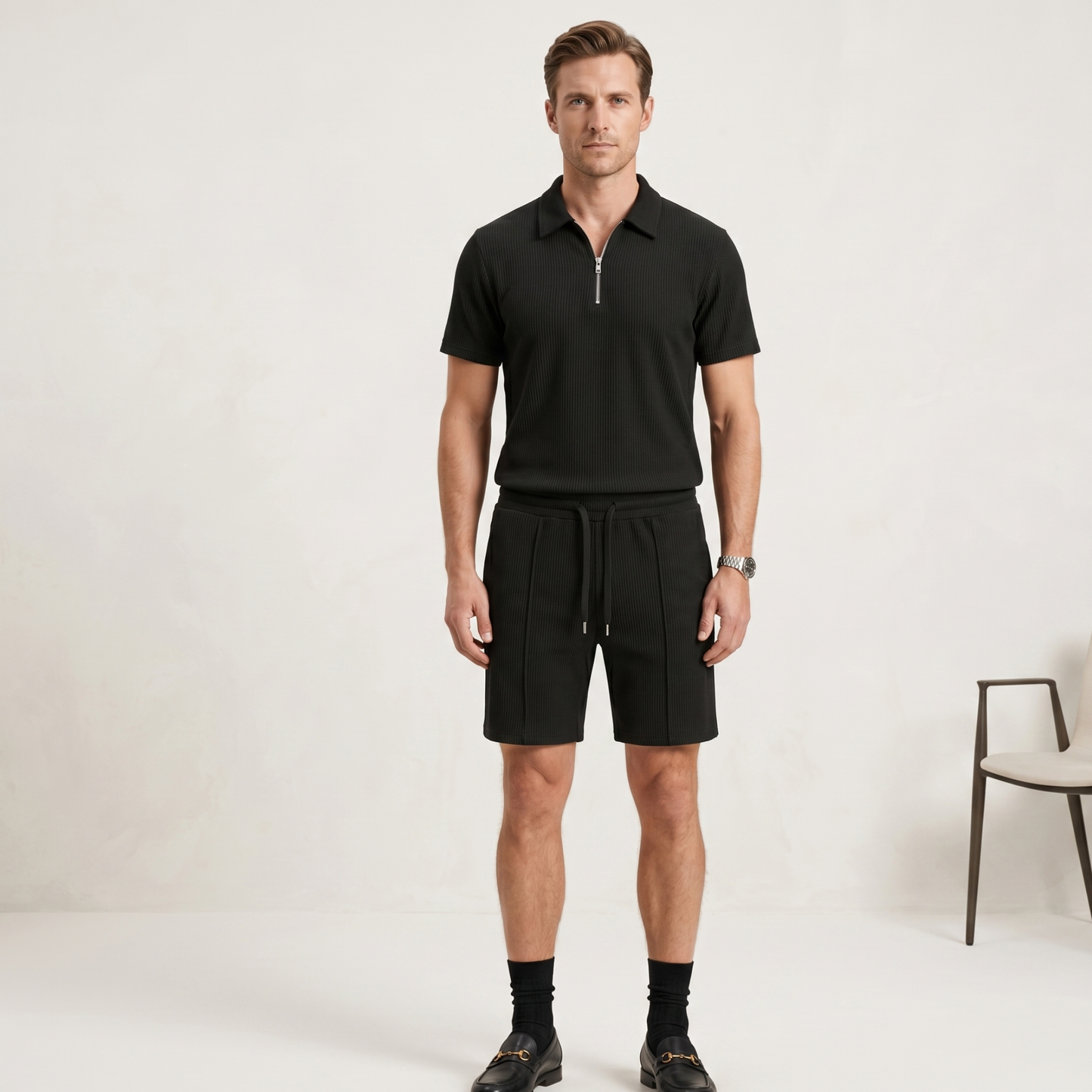 Textured Zip Polo Shorts Set Men Summer