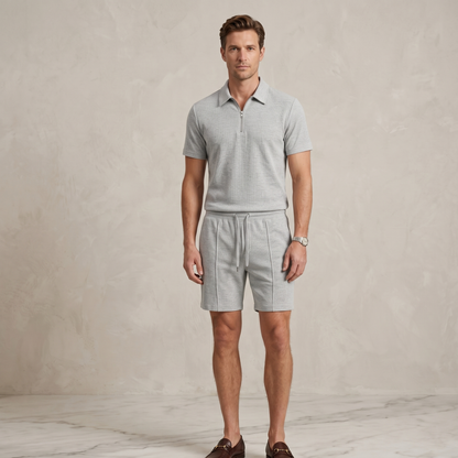 Textured Zip Polo Shorts Set Men Summer