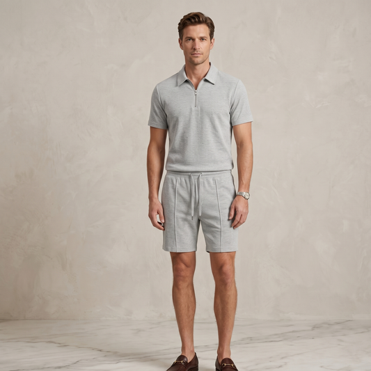 Textured Zip Polo Shorts Set Men Summer