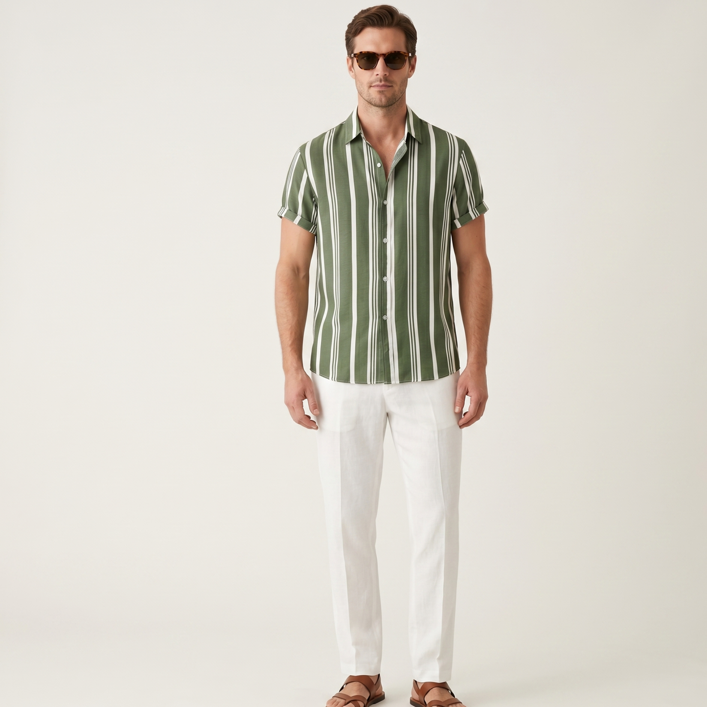 Vertical Stripe Short Sleeve Shirt Men Summer