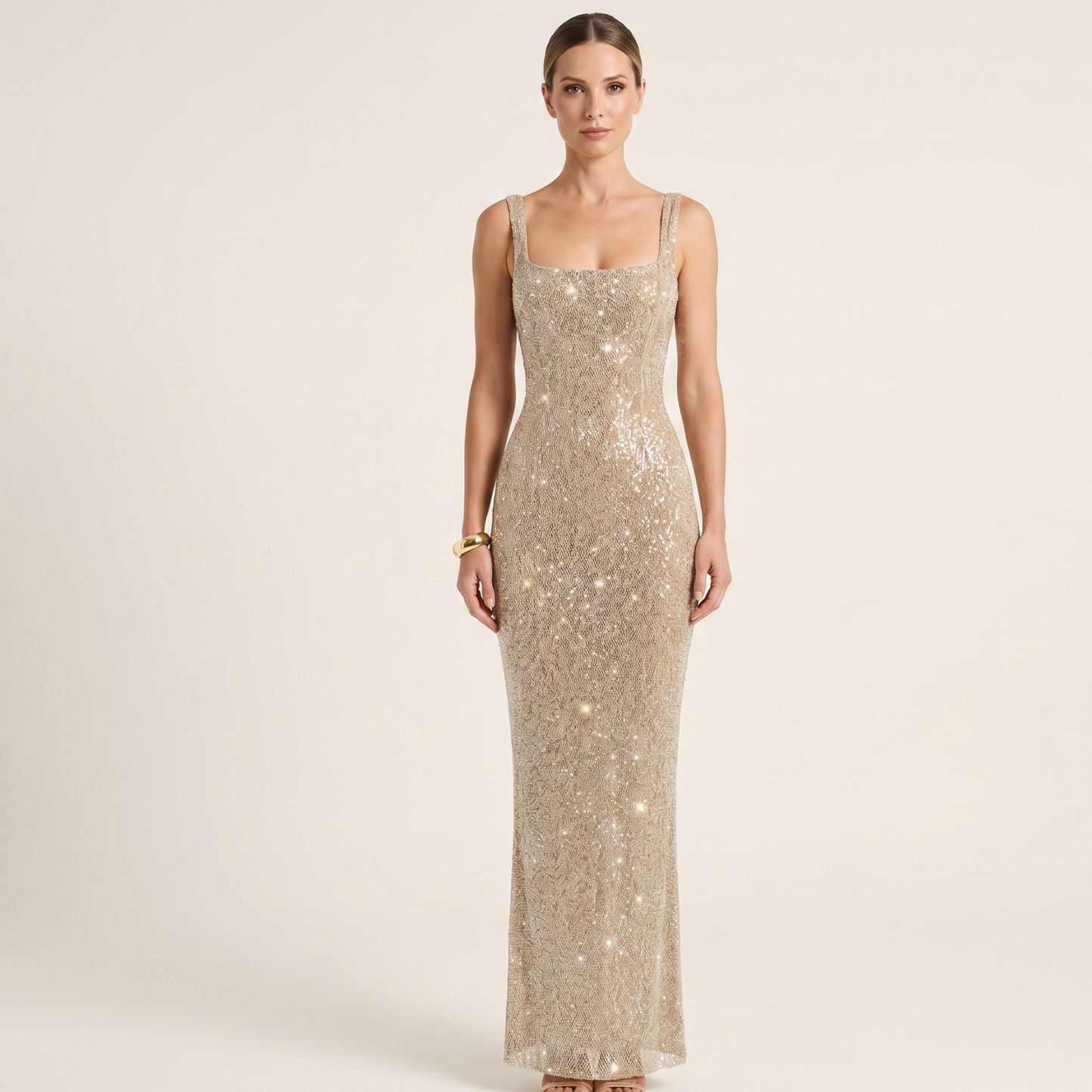 Square Neck Sequin Maxi Dress Women Evening