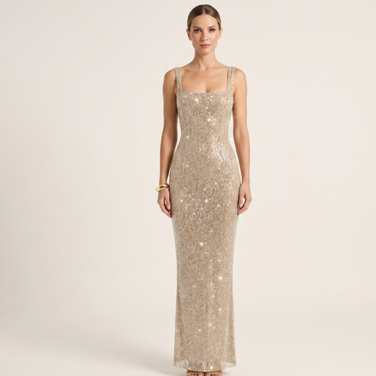 Square Neck Sequin Maxi Dress Women Evening