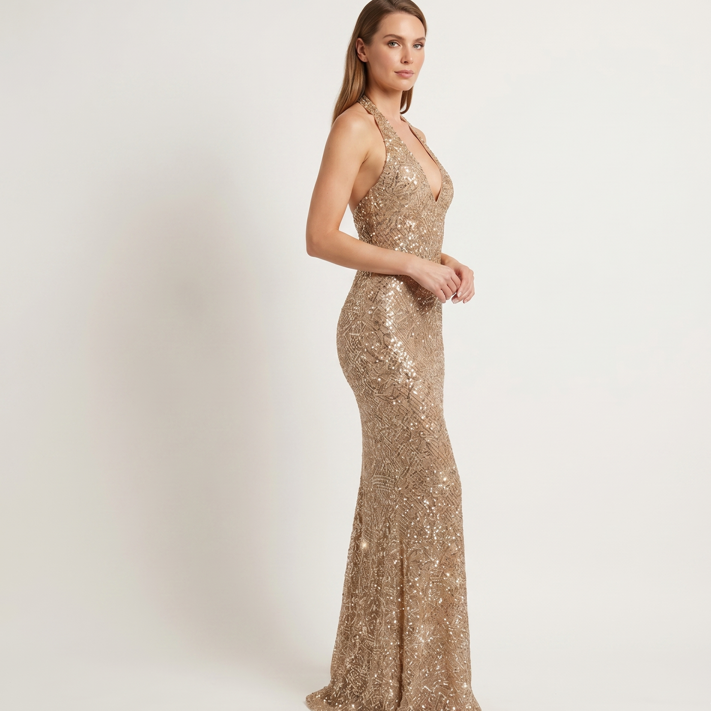 Deep V Sequin Maxi Dress Women Evening