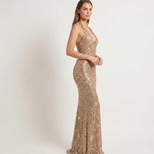 Deep V Sequin Maxi Dress Women Evening