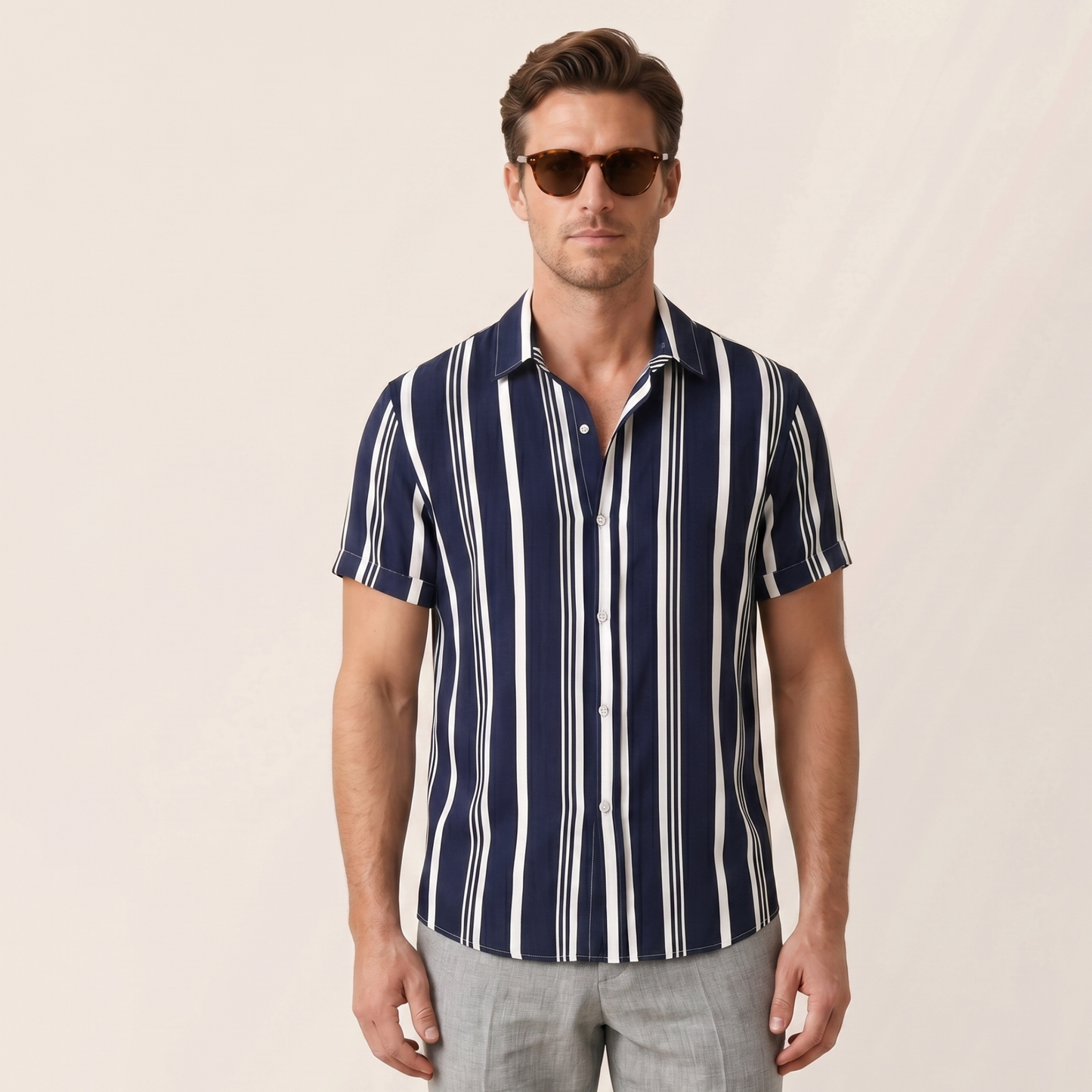 Vertical Stripe Short Sleeve Shirt Men Summer
