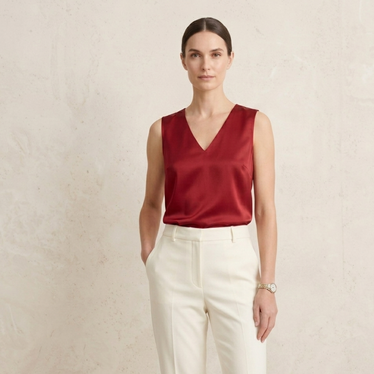Sleeveless V Neck Satin Blouse Women Elegant