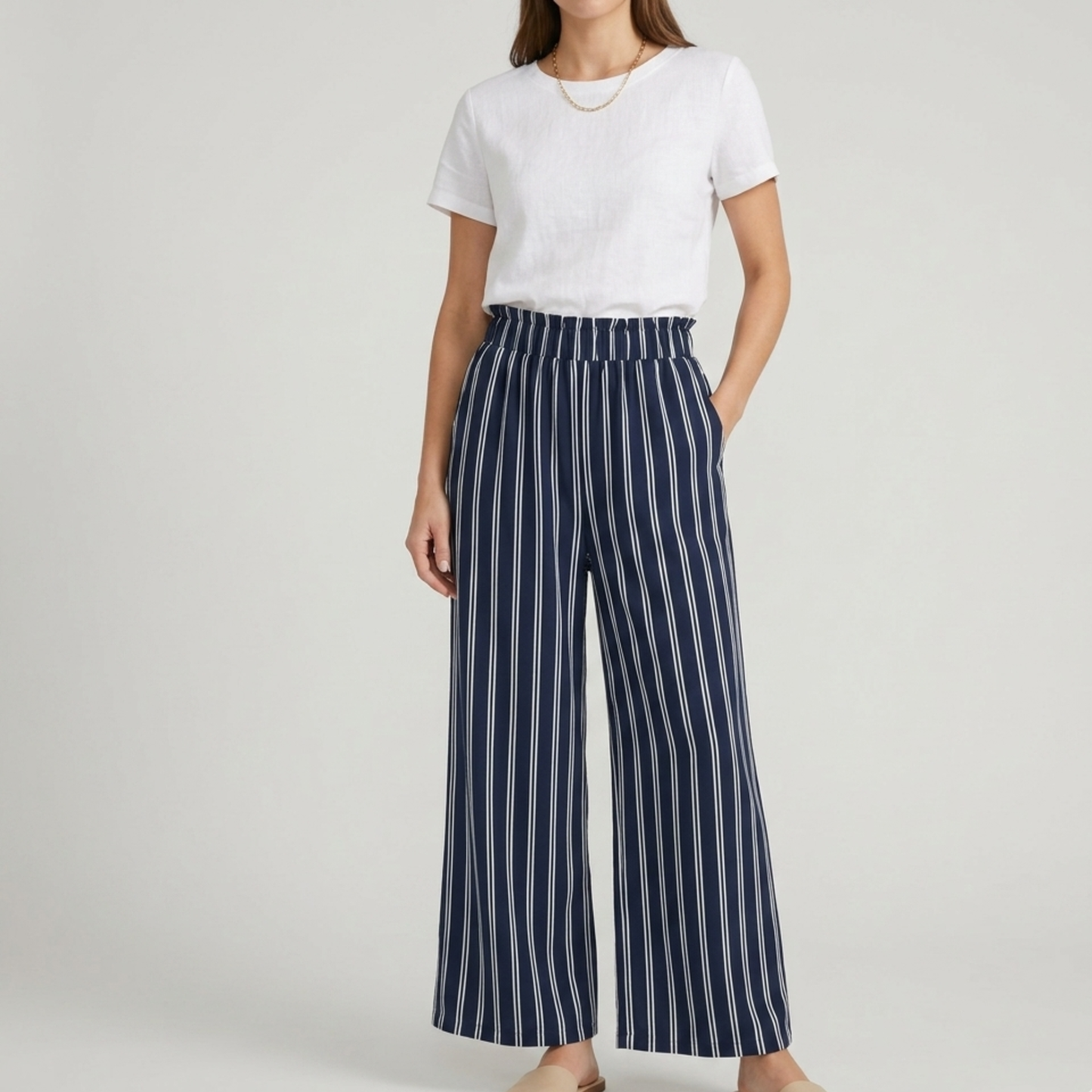 Wide Leg Palazzo Trousers Navy Striped Summer