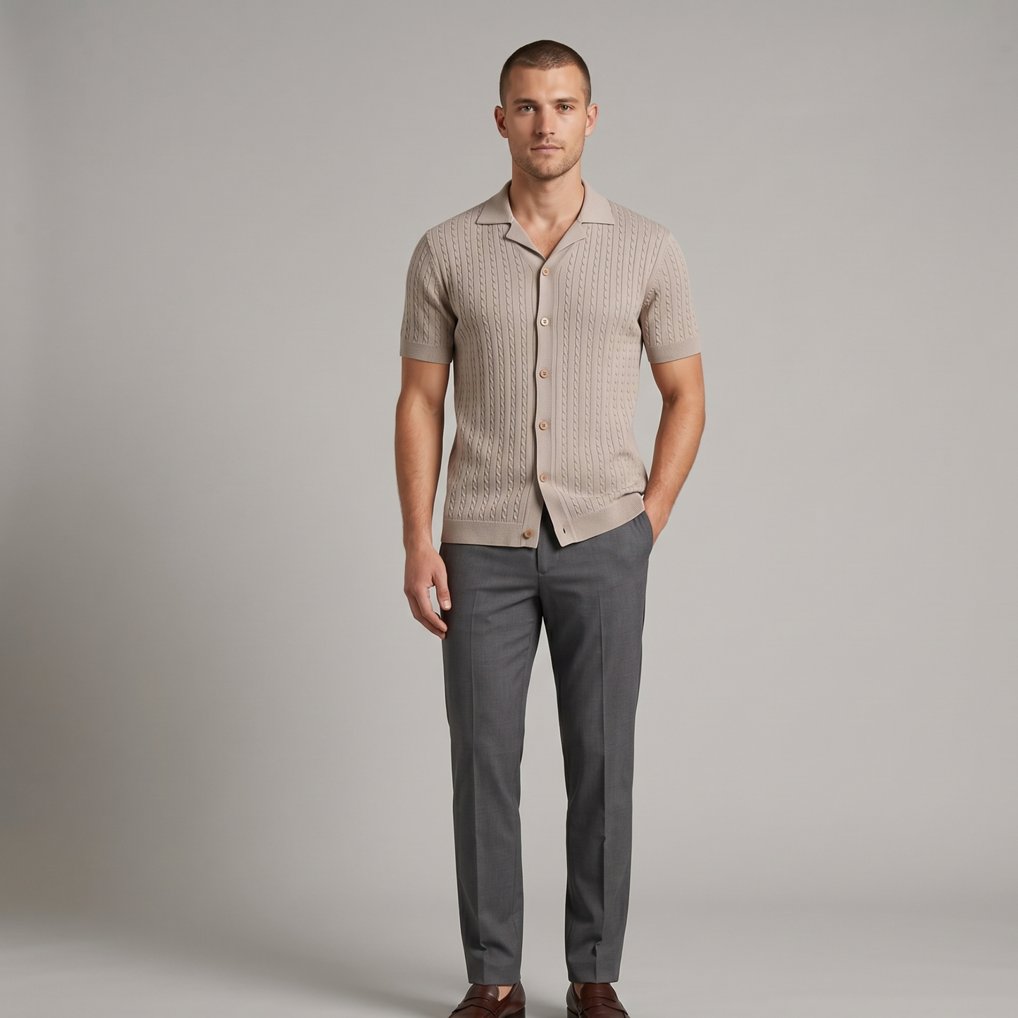 Textured Knit Polo Shirt Men Casual