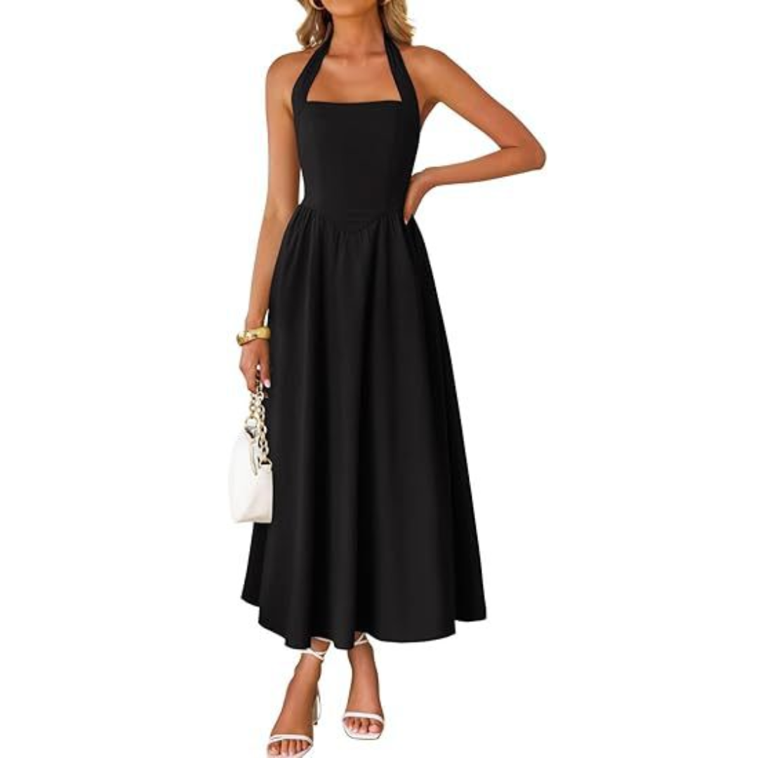 Halter Ruched Black Dress Summer