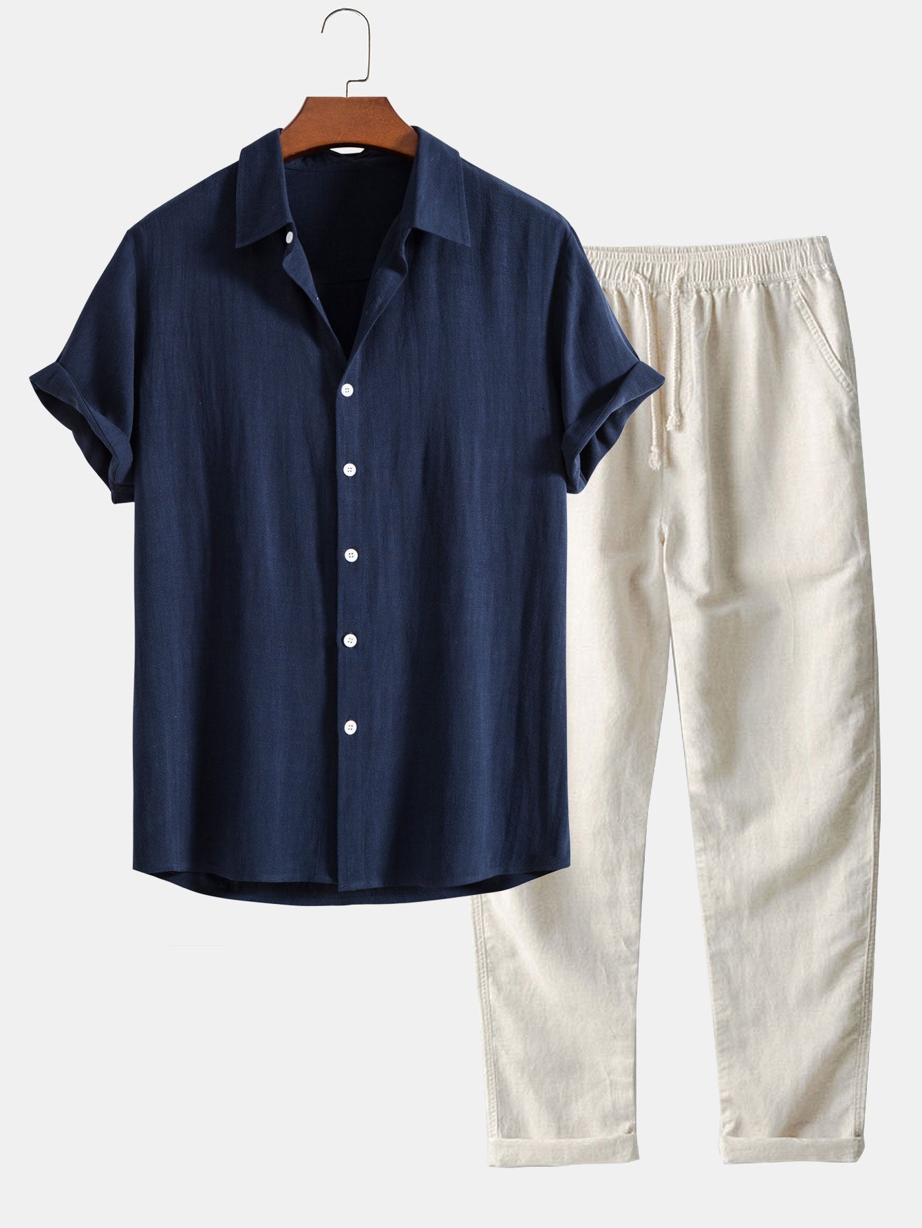 Textured Short Sleeve Shirt and Relaxed Trousers Men's Summer Set