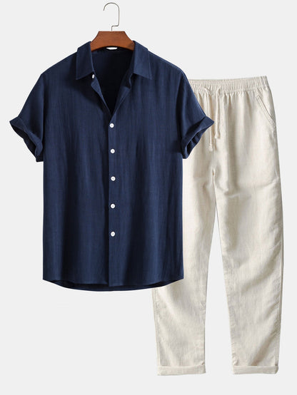 Textured Short Sleeve Shirt and Relaxed Trousers Men's Summer Set
