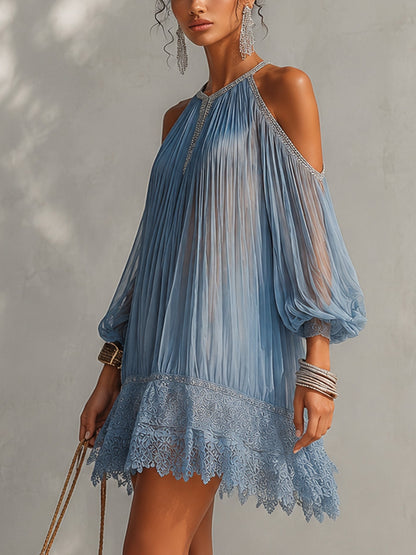 Off-Shoulder Mini Dress with Lace Hem Summer
