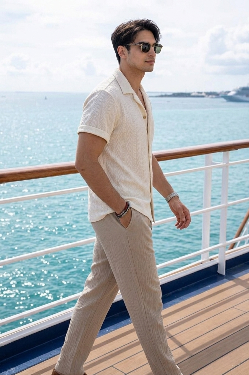 Textured Short Sleeve Shirt and Relaxed Trousers Men's Summer Set